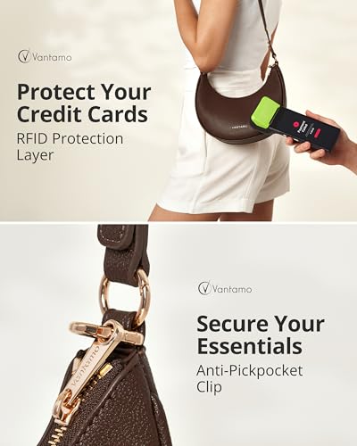 Vantamo Crescent Bags For Women with RFID Protection, Half Moon Clutch Purses for Women with Anti-Theft Clip for Extra Safety - color: Coffee