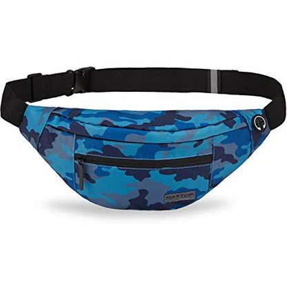 MAXTOP Large Crossbody Fanny Pack with 4-Zipper Pockets,Gifts for Enjoy Sports Festival Workout Traveling Running Casual Hands-Free Wallets Waist Pack Phone Bag Carrying All Phones - color: Camo Blue, style: Large Fanny Pack(4 Zipper Pockets)