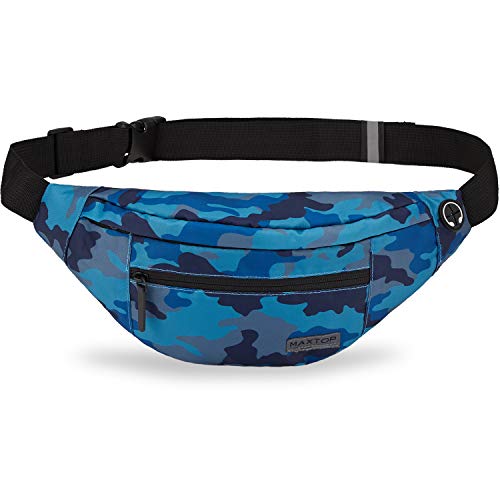 MAXTOP Large Crossbody Fanny Pack with 4-Zipper Pockets,Gifts for Enjoy Sports Festival Workout Traveling Running Casual Hands-Free Wallets Waist Pack Phone Bag Carrying All Phones - color: Camo Blue, style: Large Fanny Pack(4 Zipper Pockets)