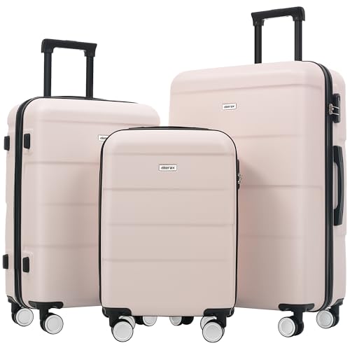 Merax Luggage Sets of 3 Piece Carry on Suitcase Airline Approved,Hardcase Suitcase Set with Double Spinner Wheels,Light Pink - color: Light Pink, size: 3-Piece Set(20/24/28)