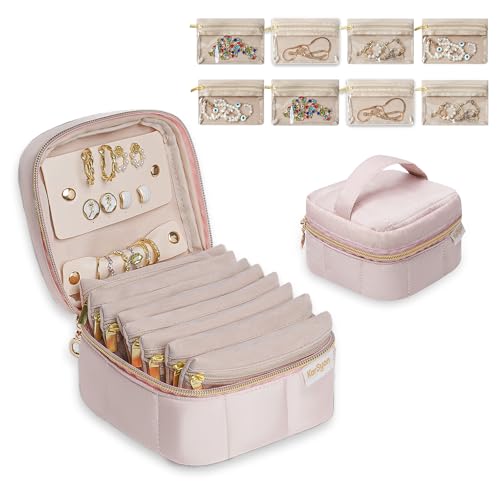 KarSyon Travel Jewelry Case Organizer Jewelry Box with 8 Velvet Pouches Mini Jewelry Organizers Storage for Girls/Women Small Cute Puffer Bags for Earrings,Rings,Necklaces,Bracelets (Pink, Small) - color: Pink, size: Small