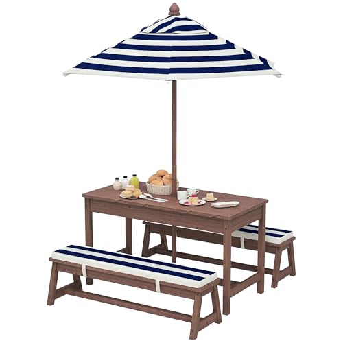 Qaba Kids Picnic Table, Outdoor Wooden Table & Bench Set with Cushions and Umbrella, Children Backyard Furniture for Patio, Garden, Navy Blue