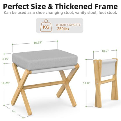 BAMBOOHOMIE Foldable Foot Stool Ottoman, Modern Foot Rest with Bamboo X Legs & Thick Foam Cushion, Folding Foot Stools Small Padded for Bedroom Living Room, Footstool for Chair Couch (Natural - Grey) - color: Natural - Grey