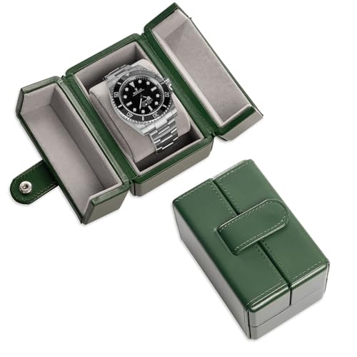Single Travel Watch Case - Vintage Inspired - Exterior, Soft Microfiber Lining, Fits Up to 42mm Watches - Vegan Leather - Reliable Storage for Home or Travel - color: Green