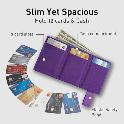 LIGHT FOLD Ultra Slim Tri-Fold Wallet with RFID Blocking, Lightweight Minimalist Men’s Wallet with Elastic Band, Waterproof Durable Nylon Fabric, Slim Front Pocket Card Holder Fits 12 Cards & Cash - color: 02 Purple