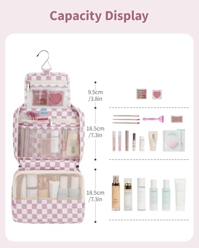 Narwey Small Hanging Travel Toiletry Bag for Women, Travel Bag for Toiletries, Makeup Bag Organizer Cosmetic Bags Make Up Bags for Girls - color: ZA-Dusty Pink Checkerboard