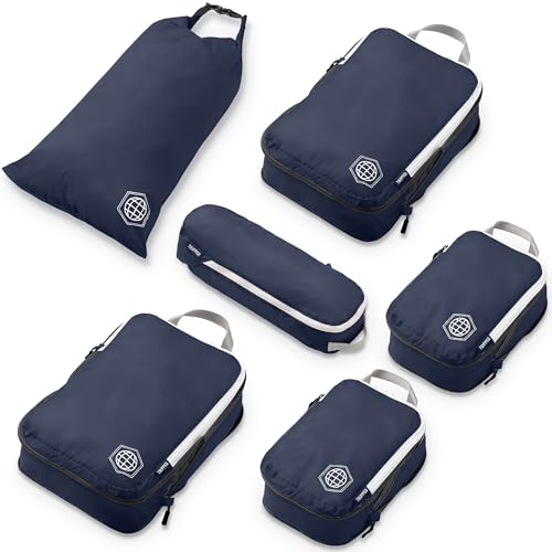 Compression Packing Cubes for Travel, 6-Piece Lightweight Packing Cubes Set for Carry-On Luggage & Backpacks – TRIPPED Travel Gear (Navy Blue and White) - color: Nautical Navy (Navy Blue and White), size: 6 Piece