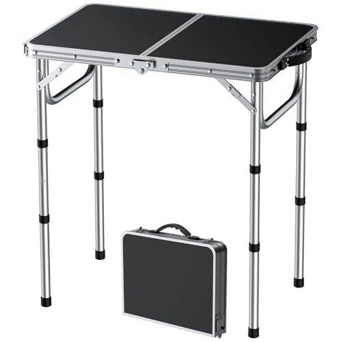 FUNYKICH 2ft Small Folding Camping Table(L22.8'' xW15.7''), 3 Height Adjustable Portable Picnic Table, Lightweight Aluminum Outdoor Tables with Carry Handle for Camping, Picnic, Silver - size: 22.8''x 15.7''x26.4''(Silver)