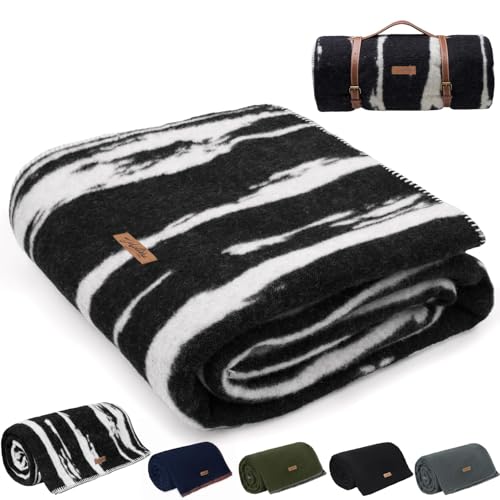 Molithe 100% Wool Blanket, 62" x 86", Warm, Thick, Washable, Military Wool Blanket, Great for Camping, Outdoors, Sporting Events, Survival Kits,Black White Striped - color: Black White Striped, size: Large