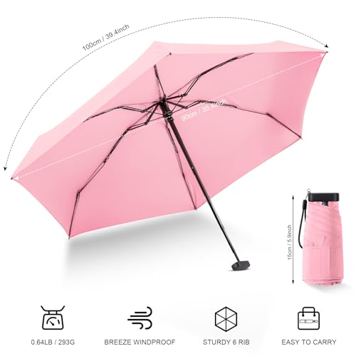 Mini Umbrella - Compact, Waterproof Travel Umbrella for Light Rain, Suitable for Women's Purse and Pocket - color: 0701.Pink