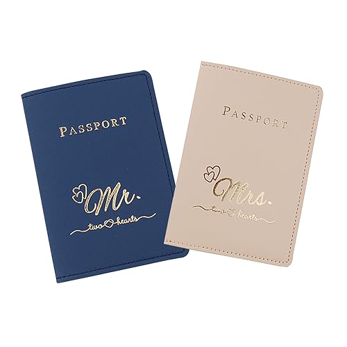Mr and mrs passport covers and luggage tags gift set，Slim Waterproof Passport Case,couple passport holder for honeymoon - color: Blue-1