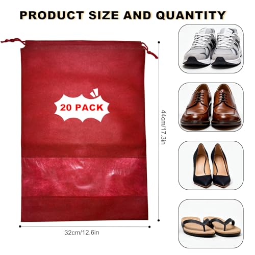 20 Pack Shoe Bags for Travel, 17" x 12.6" Drawstring Shoe Organizers with Clear Window, Breathable Non-Woven Dustproof Pouches for Luggage & Closet (Red) - color: Red