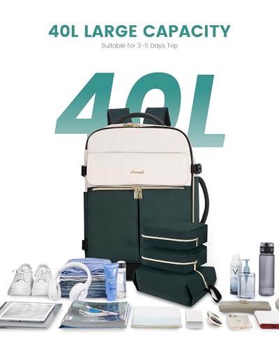 LOVEVOOK Travel Backpack, Carry On Backpack for Women, 40L Flight Approved Personal Item Backpack, Large Water Resistant Luggage Daypack with 3 Packing Cubes, fits 17inch Laptop, Beige-green-black - color: Beige-green-black, size: 40L-17.3 Inch-4Pcs