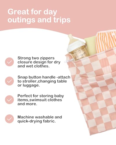 ALVA ALVABABY 3pcs Medium Cloth Diaper Wet Dry Bags Waterproof Reusable with Two Zippered Pockets Travel Beach Pool Daycare Soiled Baby Items Yoga Gym Bag for Swimsuits or Wet Clothes 3L-ZM47 - color: Creamy Checkerboard Collection