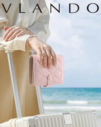 VLANDO Travel Jewelry Organizer Case,Gifts for Women,Portable Jewelry Storage Book Ring Binder with Clear Zipper Velvet Pouch Bag for Traveling,Rings,Necklace,Earrings,Bracelets,Brooches-Sand Pink - color: Sand Pink