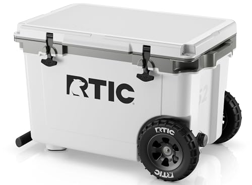 RTIC 52 Quart Ultra-Light Wheeled Hard Cooler Insulated Portable Ice Chest Box for Beach, Drink, Beverage, Camping, Picnic, Fishing, Boat, Barbecue, 30% Lighter Than Rotomolded Coolers - color: White & Grey