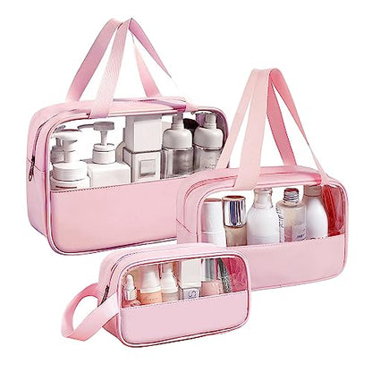 Clear Makeup Bag, 3 Pcs of Cosmetic Bags Set, Transparent PVC Travel Makeup Pouch, Waterproof Cute Toiletry Bag for Women (Pink) - color: Z-Pink-3pcs, style: 3pcs