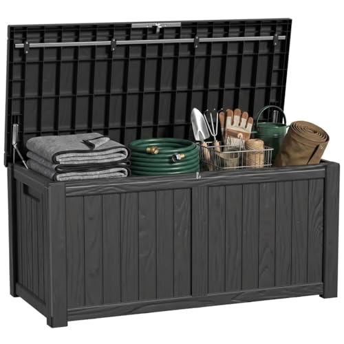 150 Gallon Outdoor Deck Box, Lockable Waterproof Outdoor Storage Boxes For Garden Tools,Indoor Cushions,Accessories Outside Storage Resin Weatherproof Container(Black) - color: Black, size: 150 Gallon