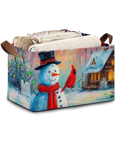 Snowman Christmas Storage Basket with Handles,Red Cardinal Collapsible Rectangle Organizer Bin for Room Decoration Books Box Baskets 17x11.5x10Inch - color: Snowman Christmas Red Cardinal