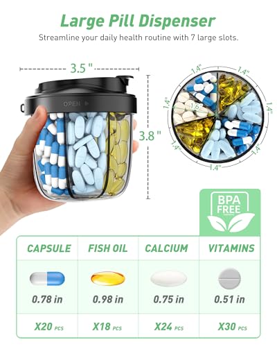Pill Organizer,Pill Dispenser with 7 Large Compartments,Portable Pill Box for Travel Essentials,Anti-Mix Design & Wide Opening Design,Easy Access to Vitamin Dispenser,Includes 20 Blank Stickers（Black） - color: Dark Black