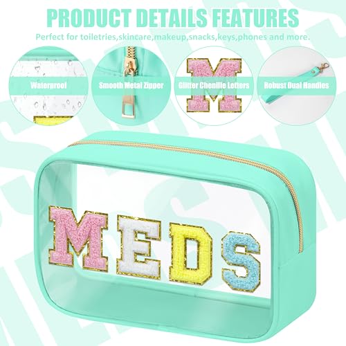 BuyCard 2 Pcs Medicine Chenille Letter Bag Preppy Clear Makeup Meds Pouch for Travel Nylon & PVC Transparent Cosmetic Bag Preppy Patch Toiletry Storage for Women Girls Green - color: MEDS-Green, style: 2 Pcs-clear