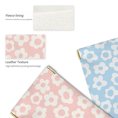 Glasses Case Soft, Eyeglass Cases for Women Portable Squeeze Top PU Leather 2 Pack Glasses Pouch with Cleaning Cloth - color: 2pcs Pink Flowers+blue Flowers