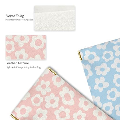 Glasses Case Soft, Eyeglass Cases for Women Portable Squeeze Top PU Leather 2 Pack Glasses Pouch with Cleaning Cloth - color: 2pcs Pink Flowers+blue Flowers