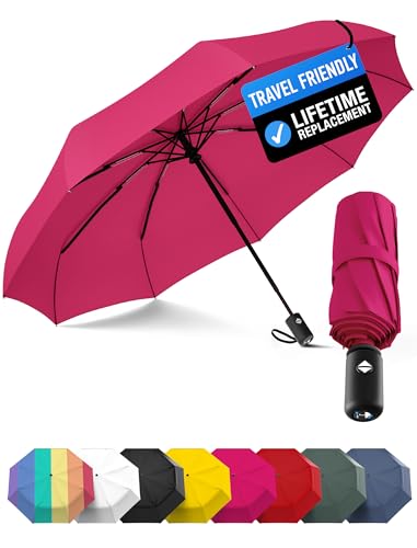 Rain-Mate Windproof Compact Umbrellas for Rain - Strong Reinforced Fiberglass Rib Design & Auto Open & Close - Portable Folding Travel Umbrella - Lightweight & Packable for Women & Men, Easy Collapse - color: E. Pink