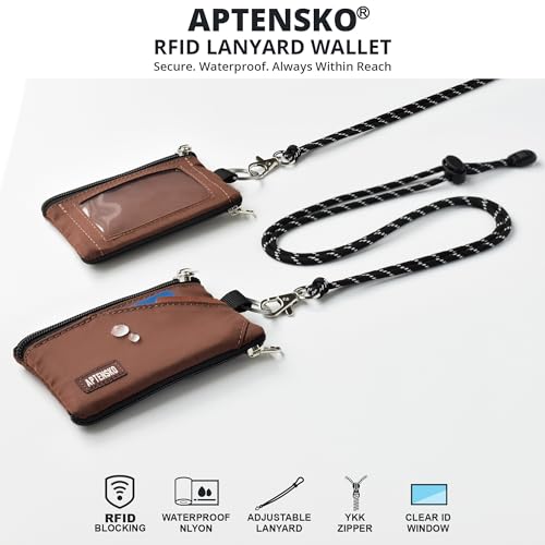 RFID Blocking Travel Wallet with Adjustable Lanyard, Small Nylon Zipper Pouch and Badge Holder for ID, Credit Cards, Cash, Keys, Commuters (Coffee) - color: Coffee