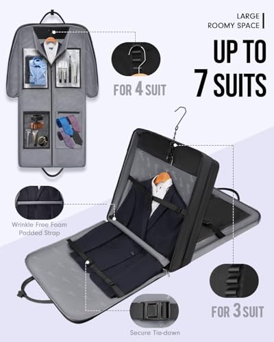 MATEIN Mens Garment Bags for travel, Large Travel Suit Bag Up to 7 Suits with Strap, Wrinkle Free Carry On Garment Bags for Hanging Clothes, Business Suitcase Luggage Bag Fit 17.3 Inch Laptop, Black - color: Black