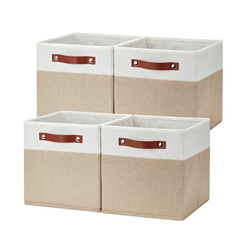 Temary Fabric Storage Cubes Bins, 11 inch Cube Storage Baskets, Foldable Cube Bins Set with Handles, Decorative Storage Boxes for Home Organizing (White & Khaki, 11 x 11 x 11) - color: White&Khaki, size: 11×11×11