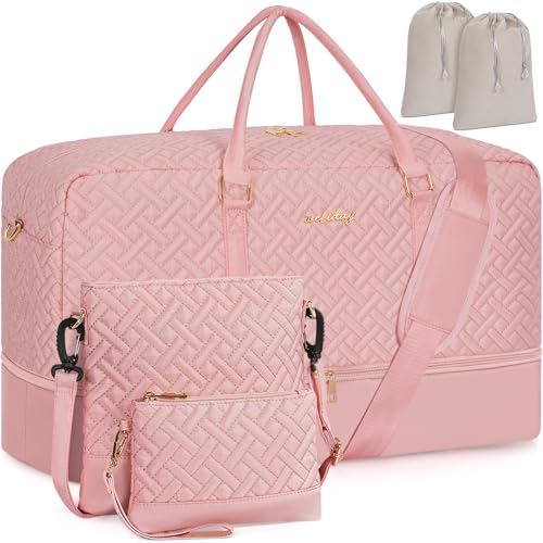 Weekender Bag for Women, 5 Pcs Set Carry on Overnight Bag, 21" Travel Duffel Bag with Waterproof Shoe Compartment for Weekend Travel Business Trip - color: Pink, size: Large
