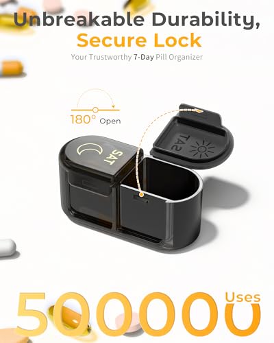 Pillex AM & PM Pill Organizer 7 Days, Weekly Pill Case 2 Times a Day, Pill Box 7 Day, Medicine Pill Organizer for Travel, Vitamins, Fish Oils, Supplements - color: Black