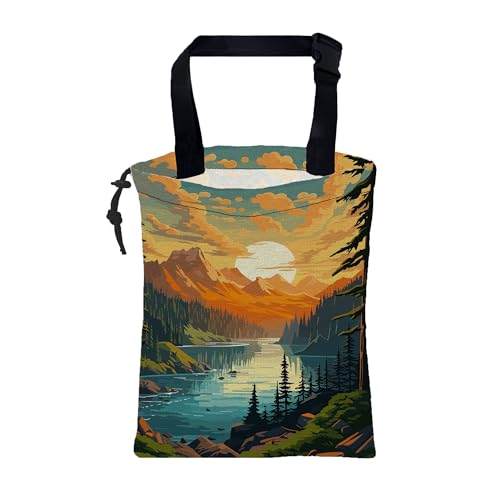 Car Garbage Bag Mountain Lake and Sunrise Drawstring Car Trash Bag Hanging for Back Seat with Adjustable Buckle Canvas Vehicle Trash Can Easy-to-Install - color: Mountain Lake and Sunrise