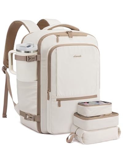 LOVEVOOK Travel Backpack for Women & Men, 40L Large Carry On Backpack Airline Approved, TSA Personal Item Weekender Bag, Water Resistant Laptop Backpack with 3 Packing Cubes for Travel Essentials - color: Beige, size: 18 Inch - 4 Pcs