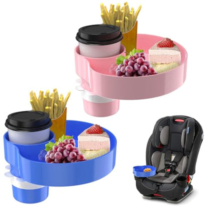 [2 Packs] Kids Car Seat Tray, Travel Tray with Cup Holder for Toddler, Kids Car Seat Food Snack Organizer for Road Trip, Stroller snack tray travel must haves - Blue+Pink - color: Blue+Pink