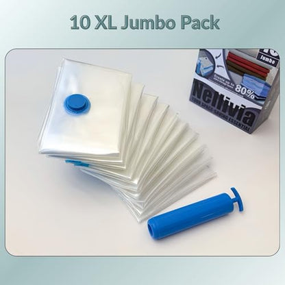 10 XL Jumbo Vacuum Storage Bags with Pump, Extra Large Compression Space Saver for Comforter, Duvet, Bedding, Blanket Storage, Vacuum Seal Bags for Clothing, Luggage Suitcase and Closet Organizer - size: 10 Jumbo XL