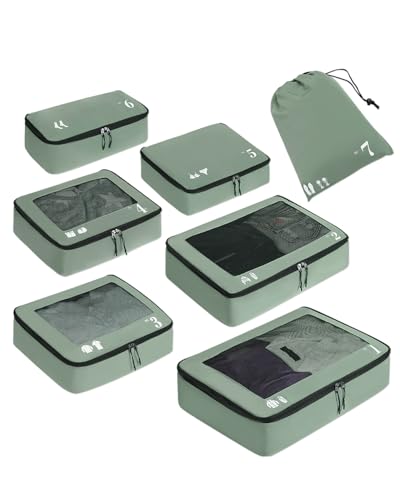 ECOHUB 7 Set Packing Cubes Tear-Resistant Luggage Packing Organizers with Number Icon for Travel Accessories Luggage Suitcase Machine Washable Packing Cubes (Green) - color: Sage Green-No Compress, size: 7 Set Packing Cubes