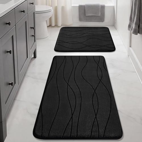 YIHOUSE Memory Foam Bathroom Rug Sets, Black, 17"x24"+20"x32", 2 Piece | Ultra Soft, Absorbent, Non-Slip, Machine Washable - color: Black, size: 17"x24"+20"x32"