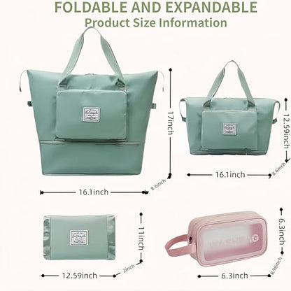 Large Capacity Foldable Travel Bag, Expandable lightweight Carry on Bag, Dry with Wet Separation Spor Duffel Bags (Light Green+Toiletry Bag) - color: Light Green+Toiletry Bag