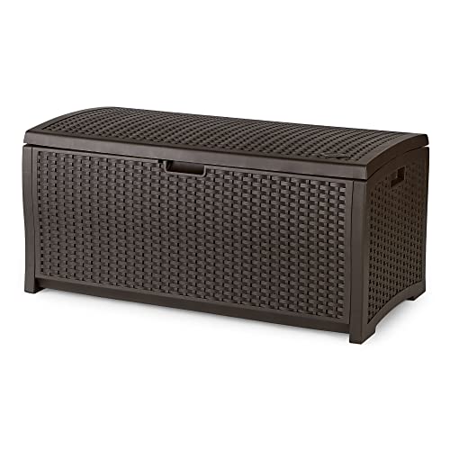Suncast Outdoor Storage Box - 73 Gallon Mocha Brown Deck Box for Patio, weather-resistant Outdoor Storage Bench, Resin Wicker Style, Heavy-Duty, Lockable Lid for Cushions, Shoes, Pool & Garden Gear - style: Deck Box