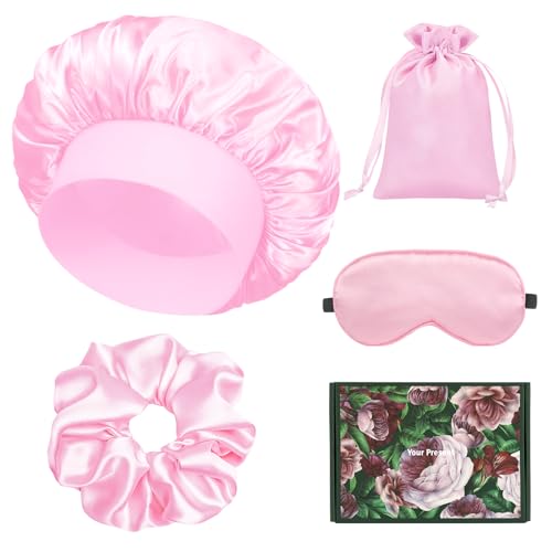 Satin Hair Bonnet Set for Sleeping, Hair Wrap Sleep Bonnets for Women Sleeping, Soft Bonnet for Long Hair, 4 PCS - color: Pink2