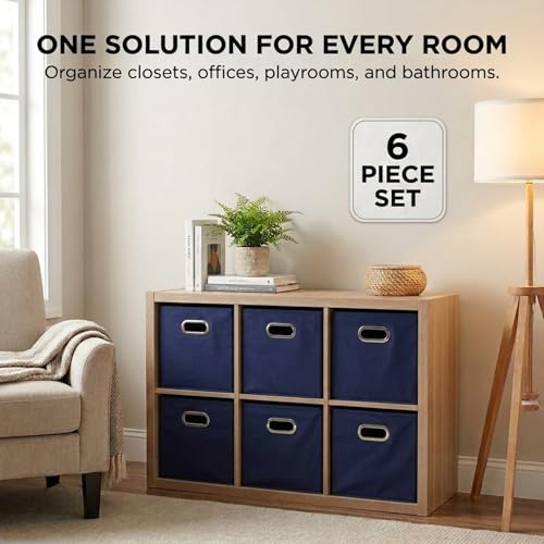 Household Essentials Fabric Storage Bins 6 Piece Set, Strong Poly-Woven Fabric, Sturdy Chipboard Sides, Grommet Front Handle, Stackable and Foldable, Classic Design, Navy - color: Navy, size: 11” L x 11” W x 11” H