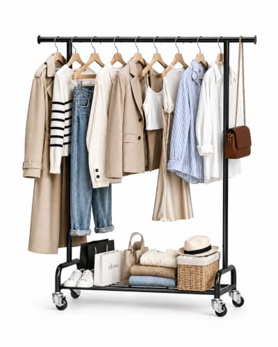 APEXCHASER Rolling Clothes Rack - Metal Garment Rack with Mesh Base | Heavy duty clothing rack with wheels, portable hanging clothes rack for bedroom, laundry room