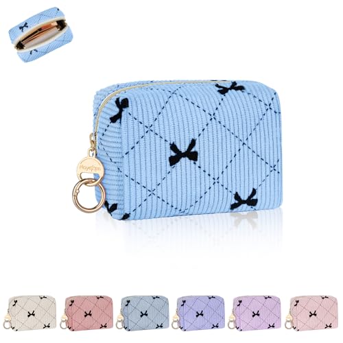 Mini Makeup Bag, Corduroy Small Cosmetic Bag for Purse with Ring Buckle, Bow Tie Travel Makeup Pouch for Lipsticks, Chapsticks, Coin, Earphone, Credit Card (Light Blue) - color: Bow Tie-Light Blue