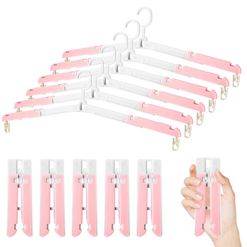 Foldable Travel Hangers for Cruise, 6 Pack Portable Collapsible Hangers with Clips, Folding & Space-Saving Suitcase Hangers for Travel, (Pink-White) - color: Pink-white