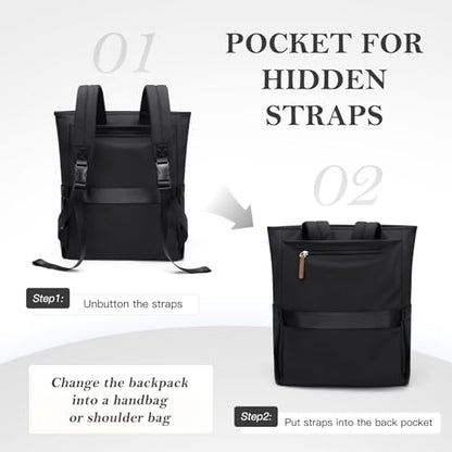 Convertible Laptop Backpack for Women Men Carry on Tote Backpack Teacher Bookbag for College Work Nurse Travel Leisure,16 Inch,Black - color: Black
