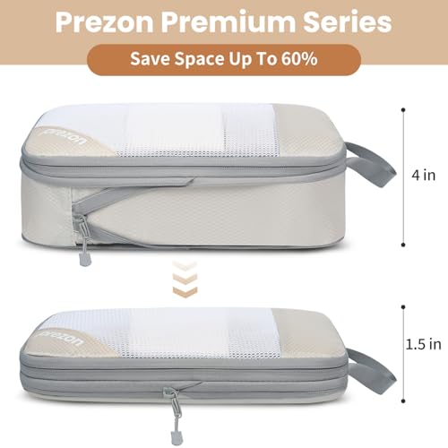 Compression Packing Cubes for Travel, Lightweight Vacation Travel Essentials, Travel Accessories for Suitcase Organizer Bags Set, Durable Luggage Organizer - color: Beige, size: 6 set-Half Mesh