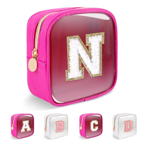 Personalized Initial Letter Clear Preppy Makeup Bag,Mini Nylon Chenille Letter Cosmetic Bag Cute Zipper Pouch Coin Purse for Teen Girls,Portable TSA Approved Travel Essentials Bag Gift for Women,N - color: Mini-Hot Pink, size: N