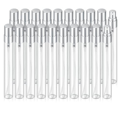 20Pcs 10ml Empty Clear Glass Mist Spray Bottle Refillable Mini Perfume Atomizer Travel Sample Bottle with Silver Aluminized Nozzle Makeup Container for Perfume (10ml Silver Caps) - color: 10ml Silver Caps